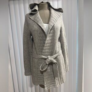 Lauren Ralph Lauren Gray Belted Hooded Wool/Silk/Cashmere Cardigan